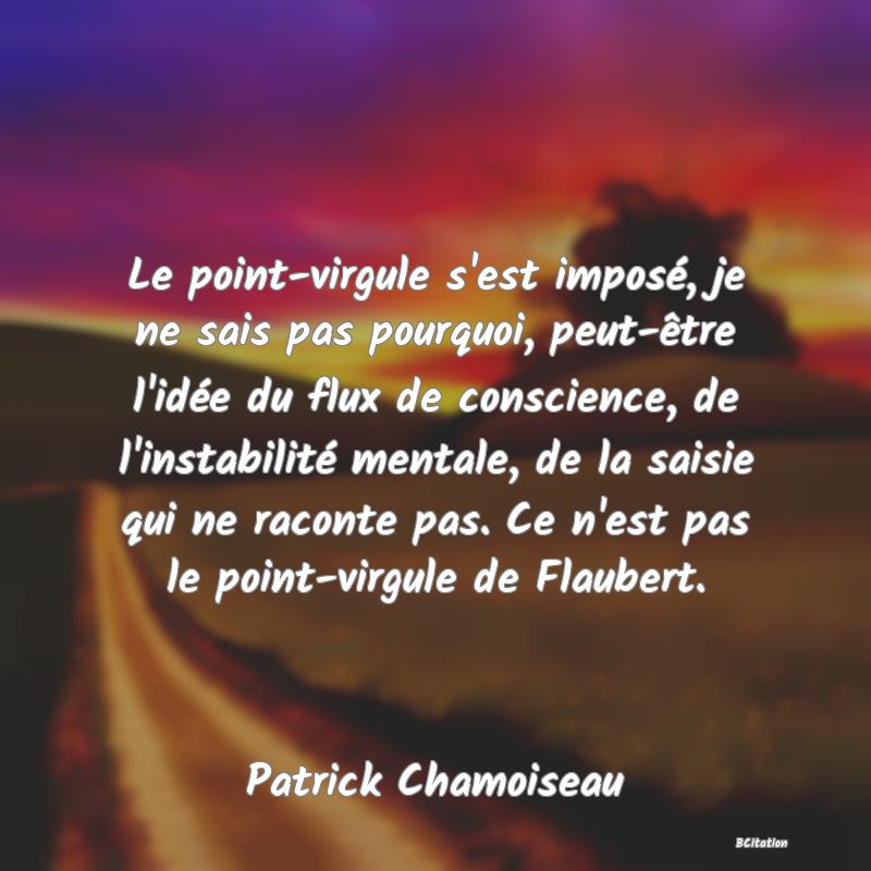 Belle Citation - Le point-virgule s'est imposé, je ne sais pas pourquoi, peut-être l'idée du flux de conscience, de l'instabilité mentale, de la saisie qui ne raconte pas. Ce n'est pas le point-virgule de Flaubert. - Patrick Chamoiseau