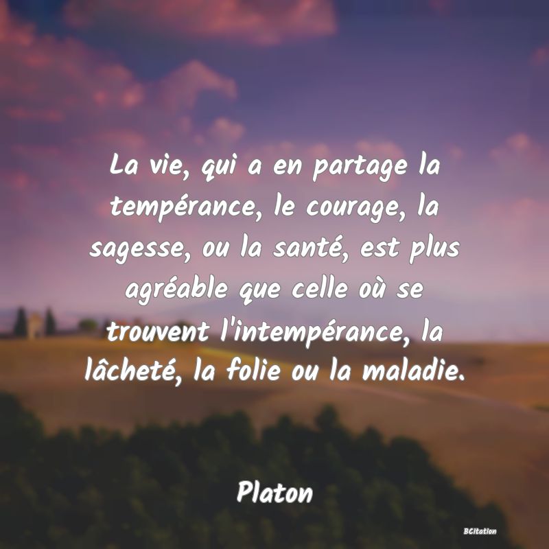 image de citation: La vie, qui a en partage la tempérance, le courage, la sagesse, ou la santé, est plus agréable que celle où se trouvent l'intempérance, la lâcheté, la folie ou la maladie.