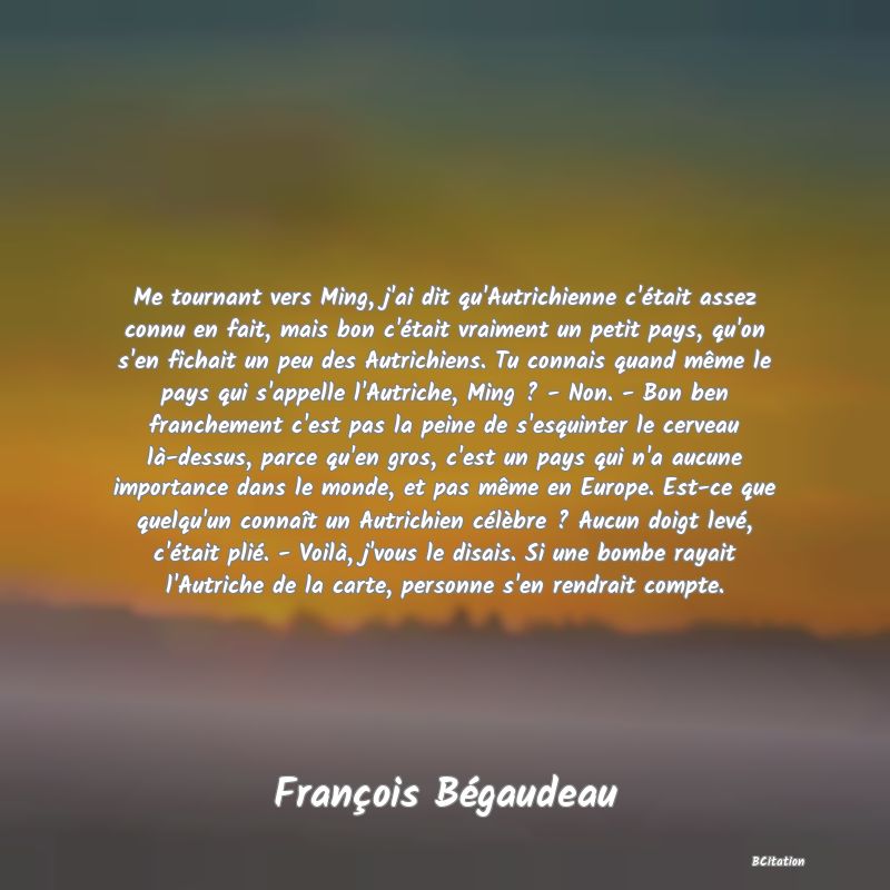 image de citation: Me tournant vers Ming, j'ai dit qu'Autrichienne c'était assez connu en fait, mais bon c'était vraiment un petit pays, qu'on s'en fichait un peu des Autrichiens. Tu connais quand même le pays qui s'appelle l'Autriche, Ming ? - Non. - Bon ben franchement c'est pas la peine de s'esquinter le cerveau là-dessus, parce qu'en gros, c'est un pays qui n'a aucune importance dans le monde, et pas même en Europe. Est-ce que quelqu'un connaît un Autrichien célèbre ? Aucun doigt levé, c'était plié. - Voilà, j'vous le disais. Si une bombe rayait l'Autriche de la carte, personne s'en rendrait compte.