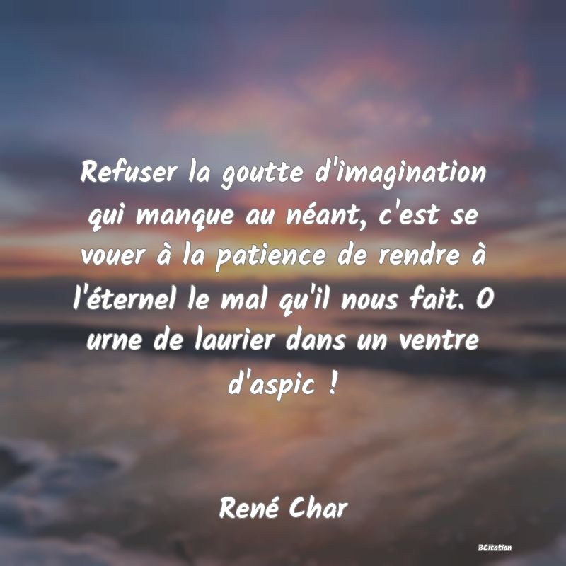 image de citation: Refuser la goutte d'imagination qui manque au néant, c'est se vouer à la patience de rendre à l'éternel le mal qu'il nous fait. O urne de laurier dans un ventre d'aspic !