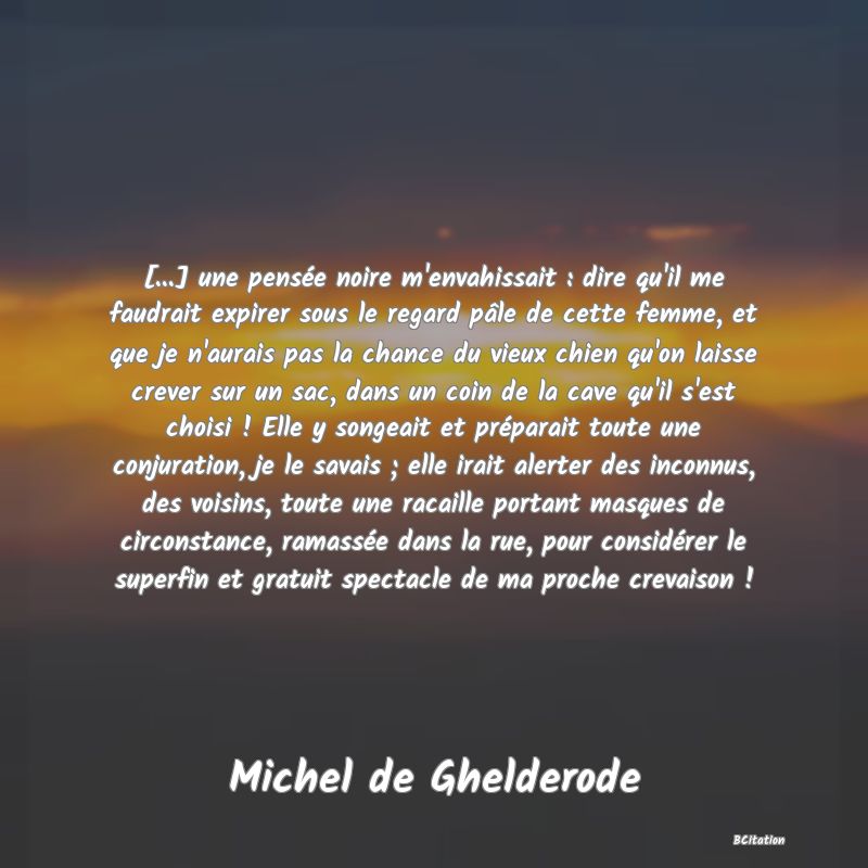 image de citation: [...] une pensée noire m'envahissait : dire qu'il me faudrait expirer sous le regard pâle de cette femme, et que je n'aurais pas la chance du vieux chien qu'on laisse crever sur un sac, dans un coin de la cave qu'il s'est choisi ! Elle y songeait et préparait toute une conjuration, je le savais ; elle irait alerter des inconnus, des voisins, toute une racaille portant masques de circonstance, ramassée dans la rue, pour considérer le superfin et gratuit spectacle de ma proche crevaison !