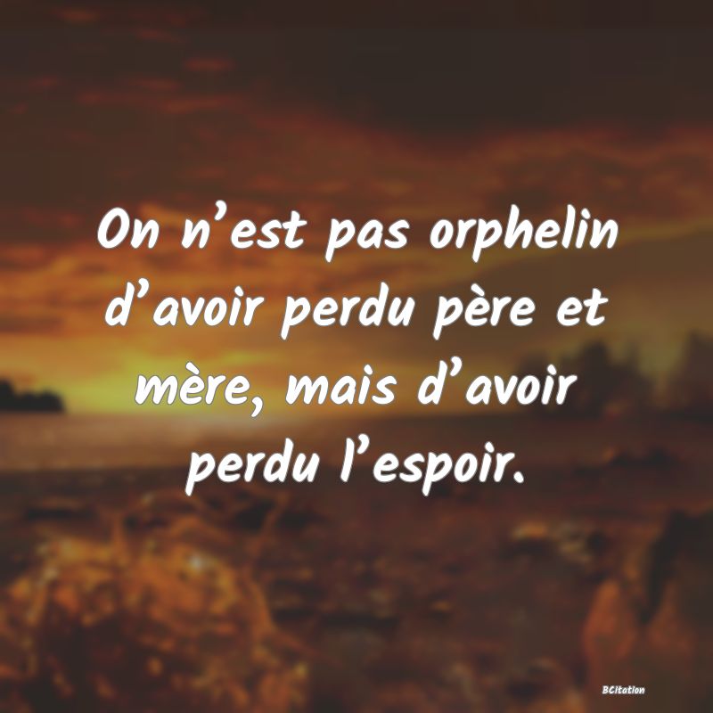 image de citation: On n’est pas orphelin d’avoir perdu père et mère, mais d’avoir perdu l’espoir.