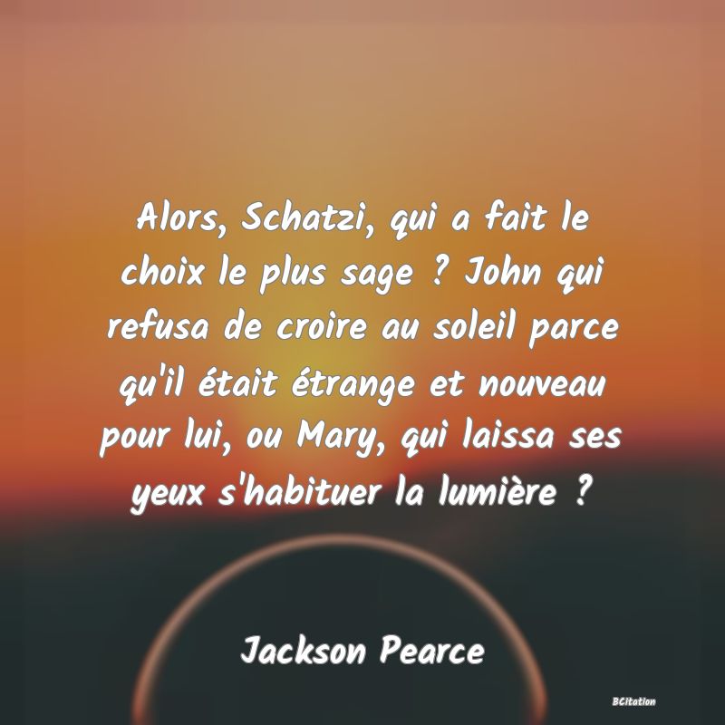 image de citation: Alors, Schatzi, qui a fait le choix le plus sage ? John qui refusa de croire au soleil parce qu'il était étrange et nouveau pour lui, ou Mary, qui laissa ses yeux s'habituer la lumière ?