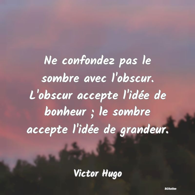 image de citation: Ne confondez pas le sombre avec l'obscur. L'obscur accepte l'idée de bonheur ; le sombre accepte l'idée de grandeur.