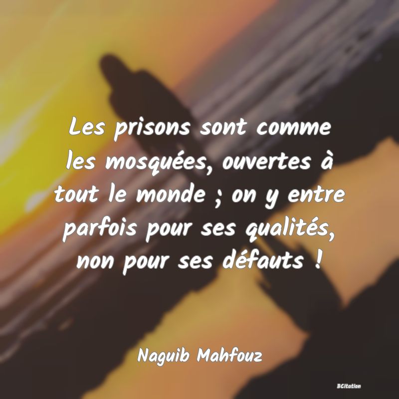 image de citation: Les prisons sont comme les mosquées, ouvertes à tout le monde ; on y entre parfois pour ses qualités, non pour ses défauts !