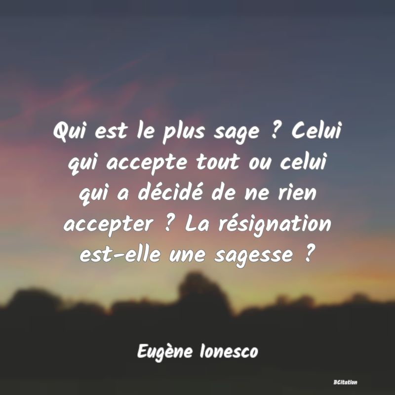 Belle Citation - Qui est le plus sage ? Celui qui accepte tout ou celui qui a décidé de ne rien accepter ? La résignation est-elle une sagesse ? - Eugène Ionesco