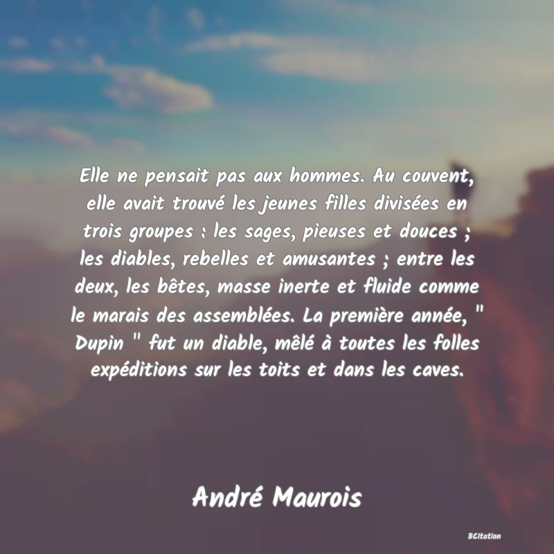 image de citation: Elle ne pensait pas aux hommes. Au couvent, elle avait trouvé les jeunes filles divisées en trois groupes : les sages, pieuses et douces ; les diables, rebelles et amusantes ; entre les deux, les bêtes, masse inerte et fluide comme le marais des assemblées. La première année,   Dupin   fut un diable, mêlé à toutes les folles expéditions sur les toits et dans les caves.