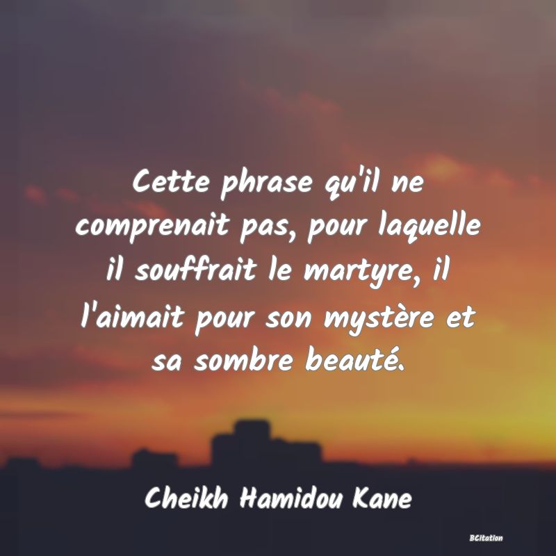 image de citation: Cette phrase qu'il ne comprenait pas, pour laquelle il souffrait le martyre, il l'aimait pour son mystère et sa sombre beauté.