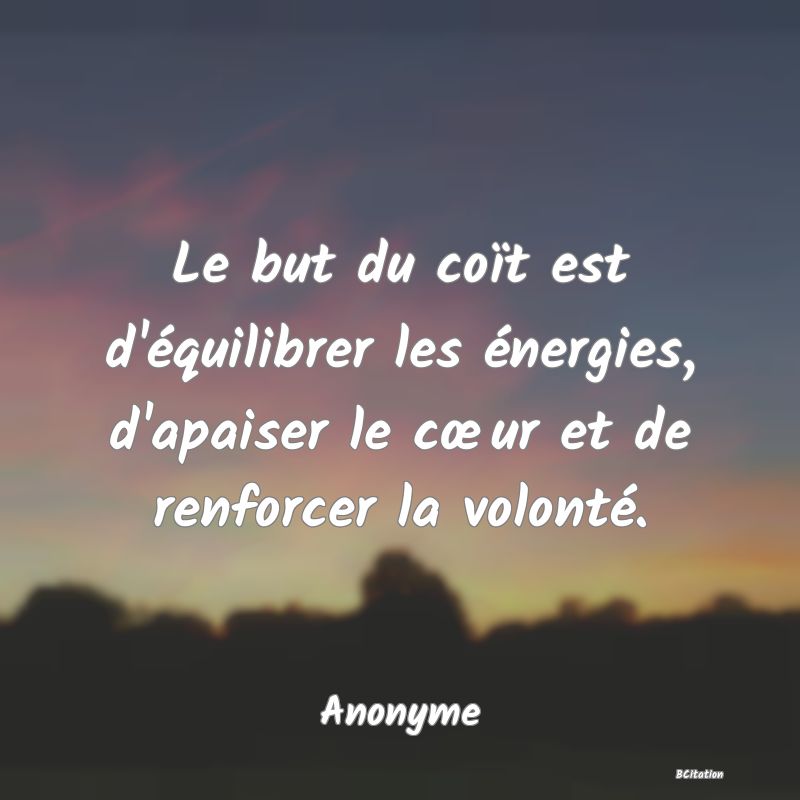 image de citation: Le but du coït est d'équilibrer les énergies, d'apaiser le cœur et de renforcer la volonté.