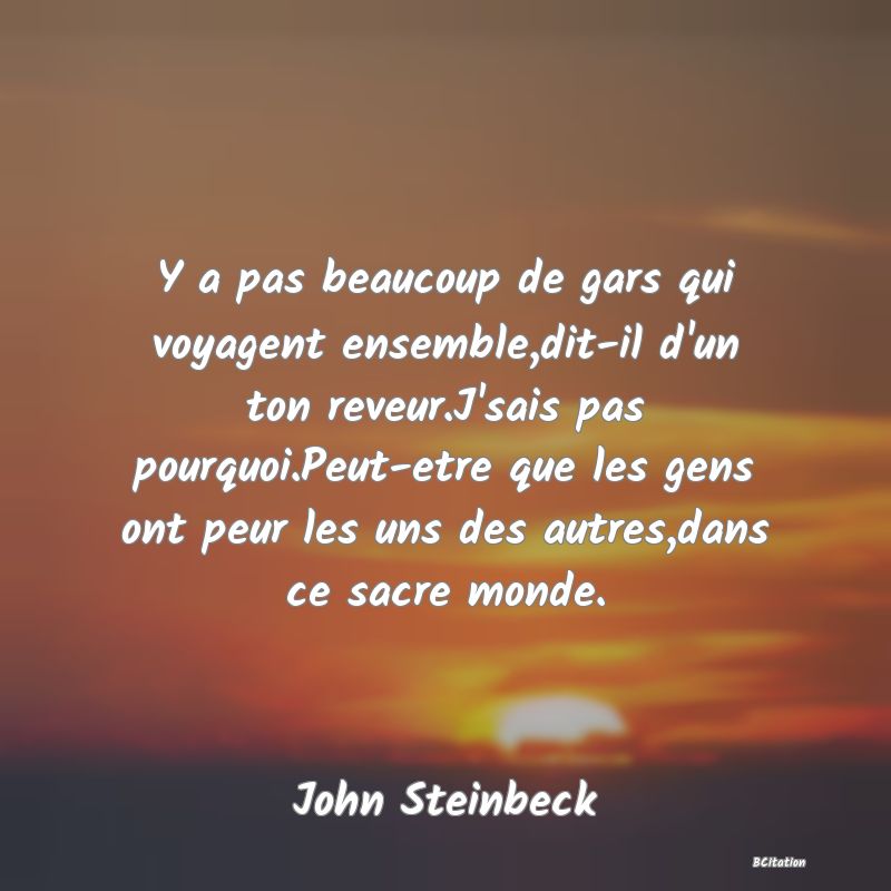 image de citation: Y a pas beaucoup de gars qui voyagent ensemble,dit-il d'un ton reveur.J'sais pas pourquoi.Peut-etre que les gens ont peur les uns des autres,dans ce sacre monde.