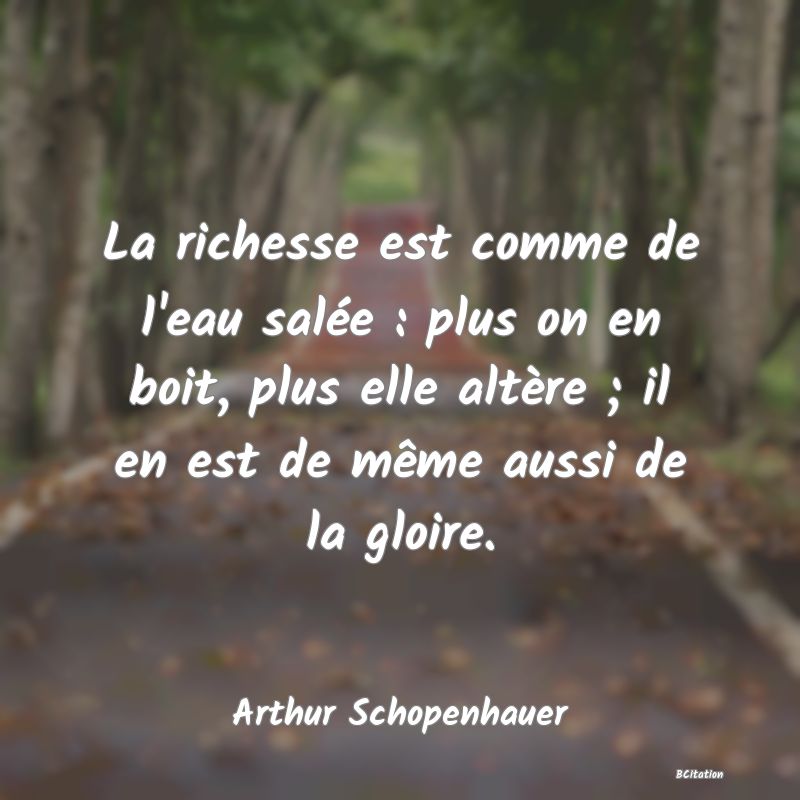 image de citation: La richesse est comme de l'eau salée : plus on en boit, plus elle altère ; il en est de même aussi de la gloire.