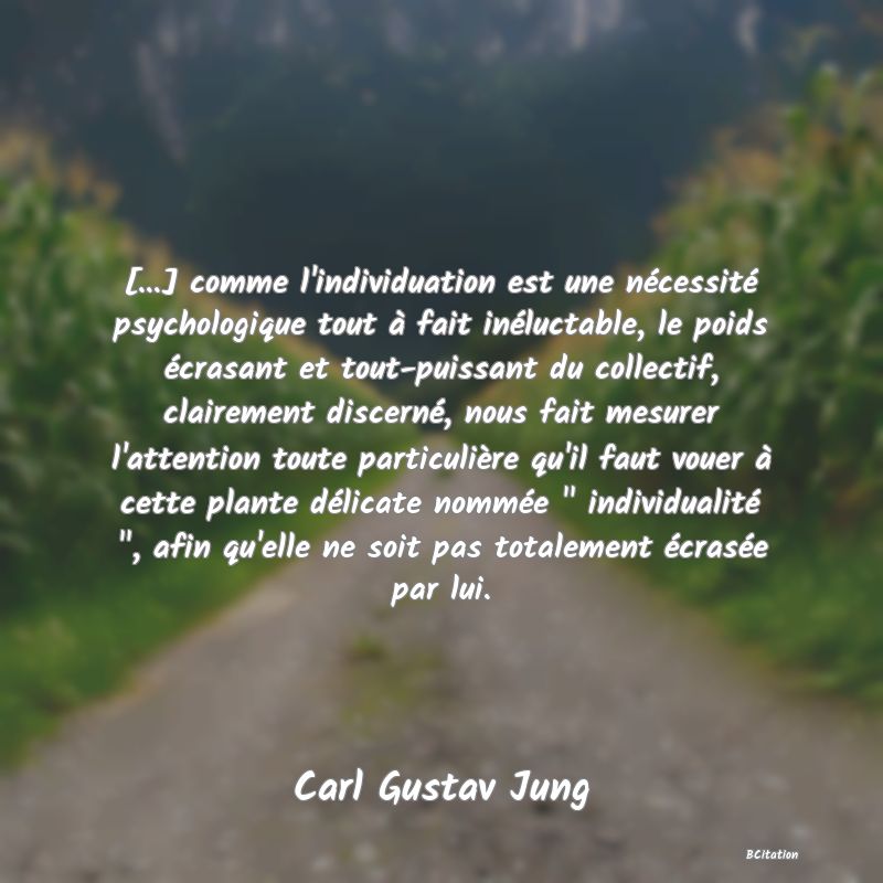 image de citation: [...] comme l'individuation est une nécessité psychologique tout à fait inéluctable, le poids écrasant et tout-puissant du collectif, clairement discerné, nous fait mesurer l'attention toute particulière qu'il faut vouer à cette plante délicate nommée   individualité  , afin qu'elle ne soit pas totalement écrasée par lui.