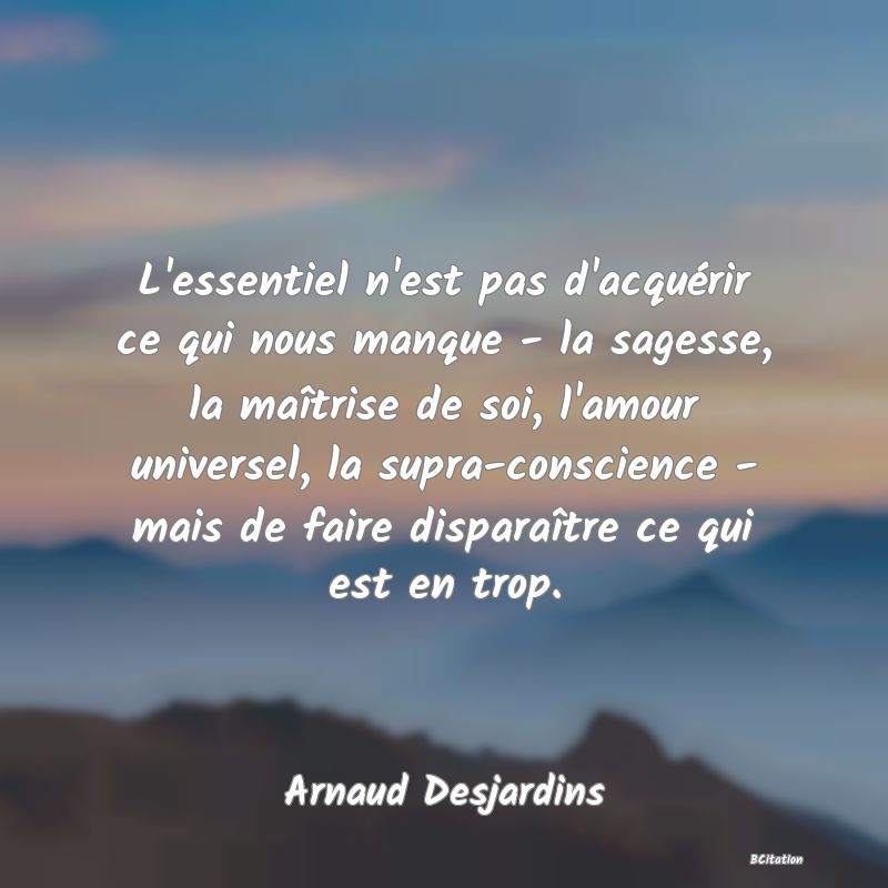 image de citation: L'essentiel n'est pas d'acquérir ce qui nous manque - la sagesse, la maîtrise de soi, l'amour universel, la supra-conscience - mais de faire disparaître ce qui est en trop.