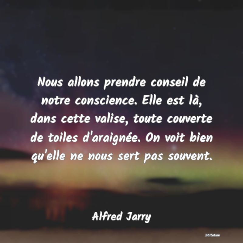 image de citation: Nous allons prendre conseil de notre conscience. Elle est là, dans cette valise, toute couverte de toiles d'araignée. On voit bien qu'elle ne nous sert pas souvent.