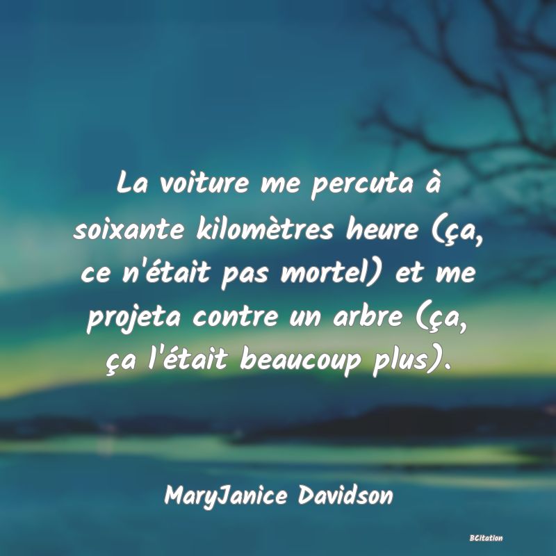 image de citation: La voiture me percuta à soixante kilomètres heure (ça, ce n'était pas mortel) et me projeta contre un arbre (ça, ça l'était beaucoup plus).