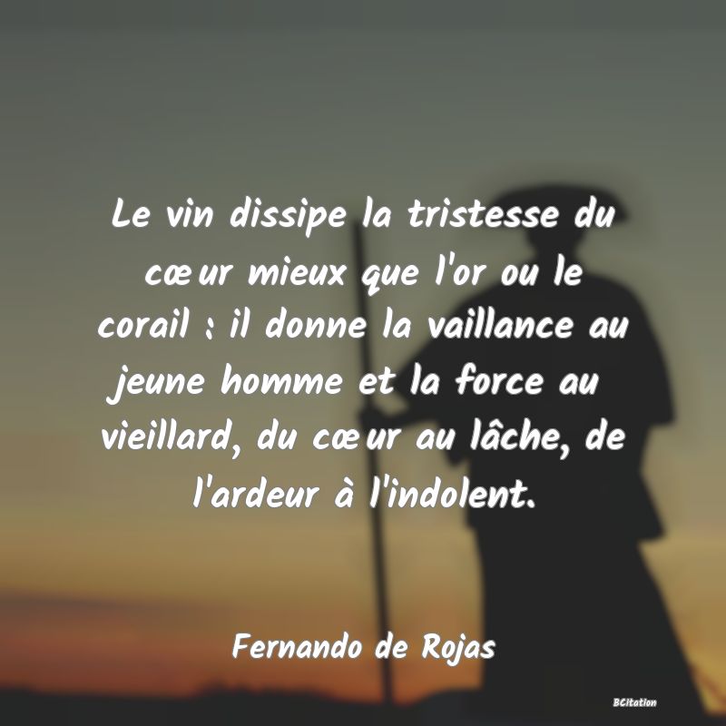 image de citation: Le vin dissipe la tristesse du cœur mieux que l'or ou le corail : il donne la vaillance au jeune homme et la force au vieillard, du cœur au lâche, de l'ardeur à l'indolent.