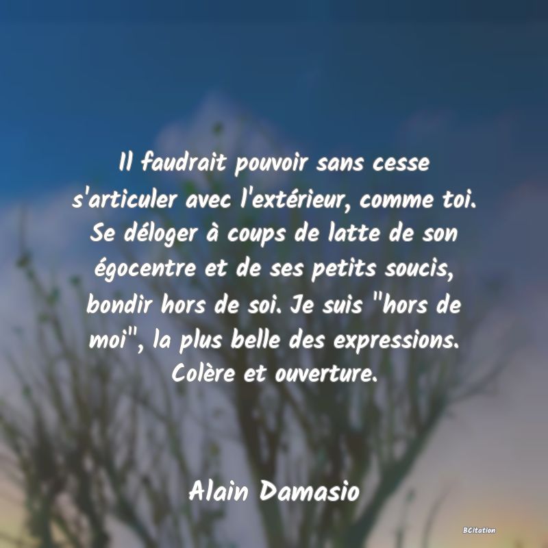 image de citation: Il faudrait pouvoir sans cesse s'articuler avec l'extérieur, comme toi. Se déloger à coups de latte de son égocentre et de ses petits soucis, bondir hors de soi. Je suis  hors de moi , la plus belle des expressions. Colère et ouverture.