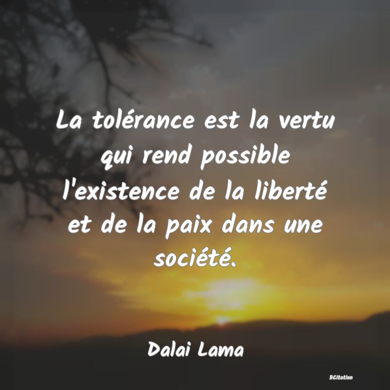 image de citation: La tolérance est la vertu qui rend possible l'existence de la liberté et de la paix dans une société.