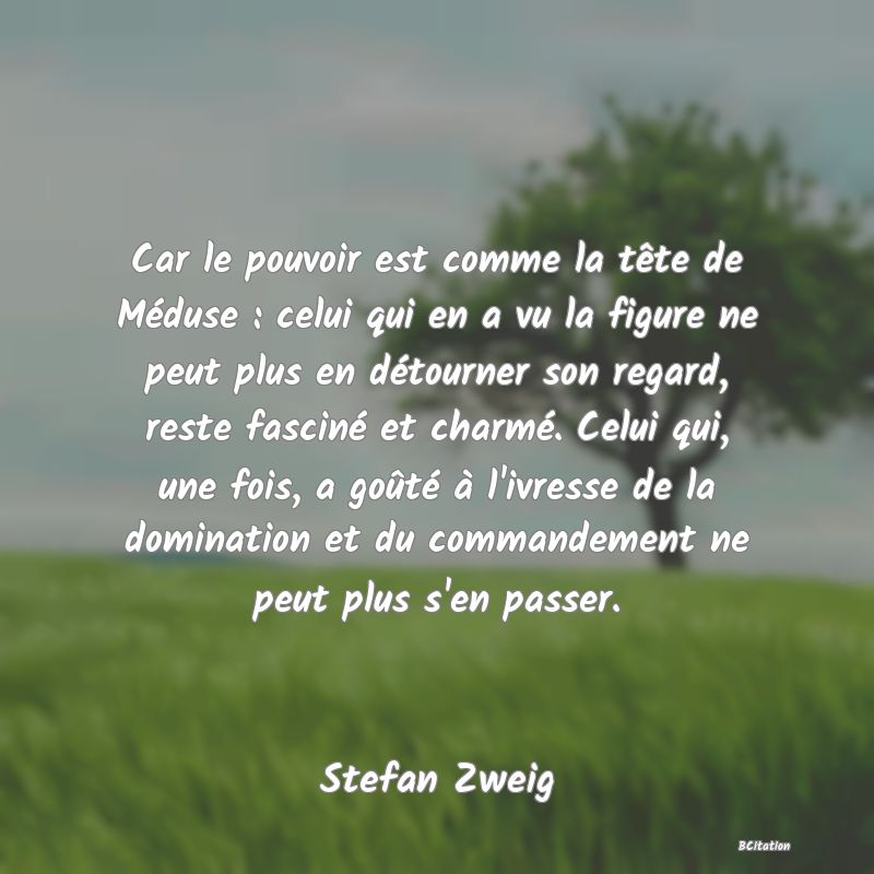 image de citation: Car le pouvoir est comme la tête de Méduse : celui qui en a vu la figure ne peut plus en détourner son regard, reste fasciné et charmé. Celui qui, une fois, a goûté à l'ivresse de la domination et du commandement ne peut plus s'en passer.