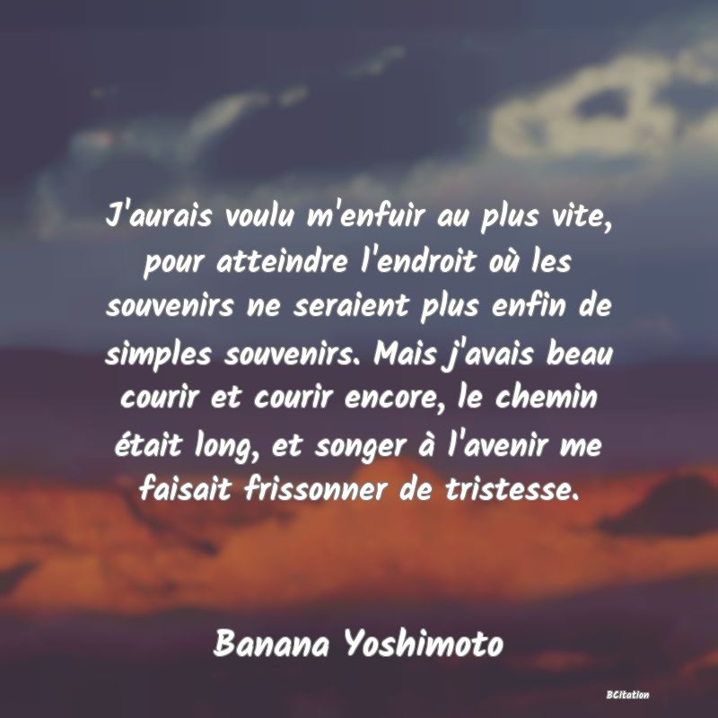 image de citation: J'aurais voulu m'enfuir au plus vite, pour atteindre l'endroit où les souvenirs ne seraient plus enfin de simples souvenirs. Mais j'avais beau courir et courir encore, le chemin était long, et songer à l'avenir me faisait frissonner de tristesse.