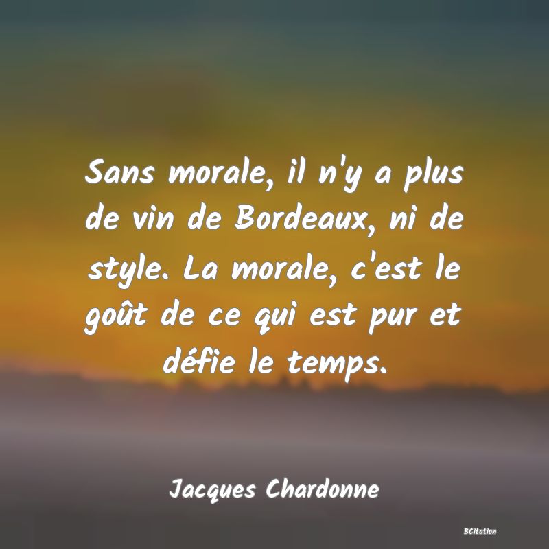 Belle Citation - Sans morale, il n'y a plus de vin de Bordeaux, ni de style. La morale, c'est le goût de ce qui est pur et défie le temps. - Jacques Chardonne