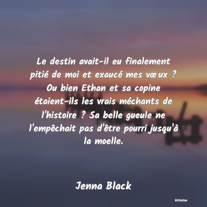 image de citation: Le destin avait-il eu finalement pitié de moi et exaucé mes vœux ? Ou bien Ethan et sa copine étaient-ils les vrais méchants de l'histoire ? Sa belle gueule ne l'empêchait pas d'être pourri jusqu'à la moelle.