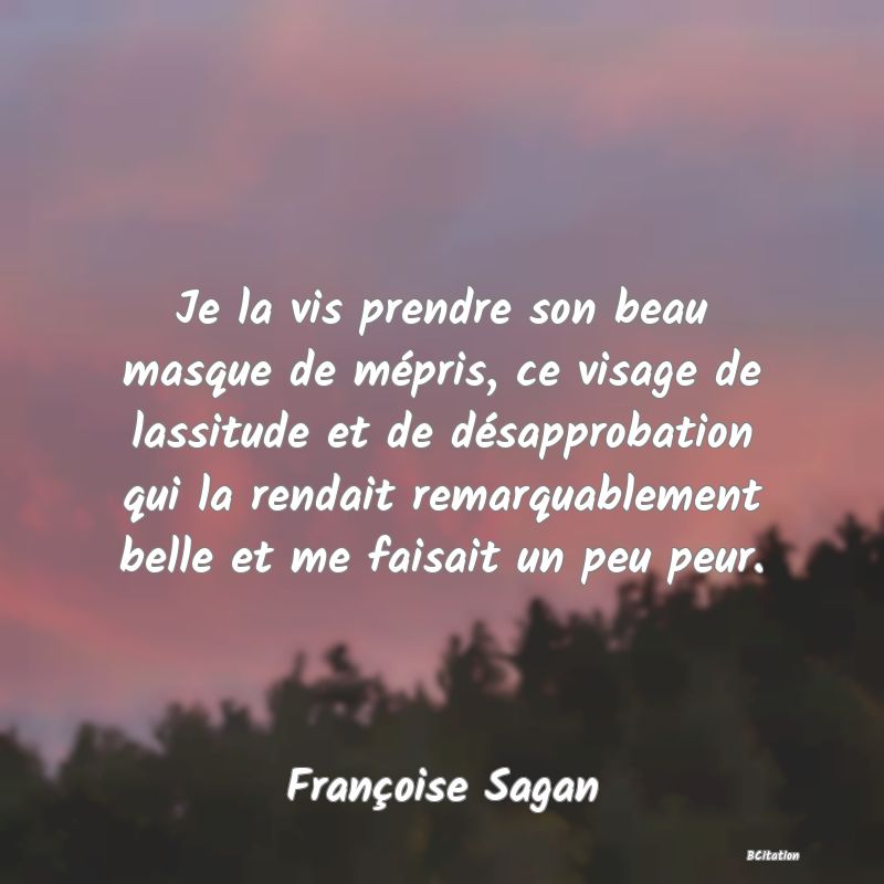 image de citation: Je la vis prendre son beau masque de mépris, ce visage de lassitude et de désapprobation qui la rendait remarquablement belle et me faisait un peu peur.