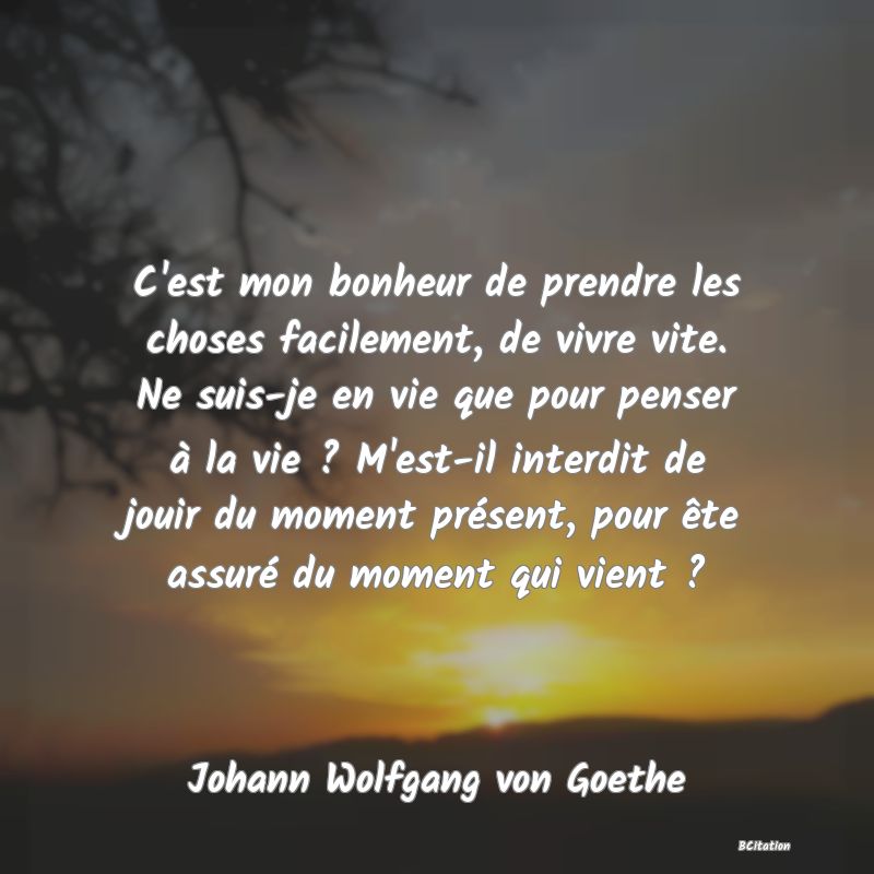 image de citation: C'est mon bonheur de prendre les choses facilement, de vivre vite. Ne suis-je en vie que pour penser à la vie ? M'est-il interdit de jouir du moment présent, pour ête assuré du moment qui vient ?