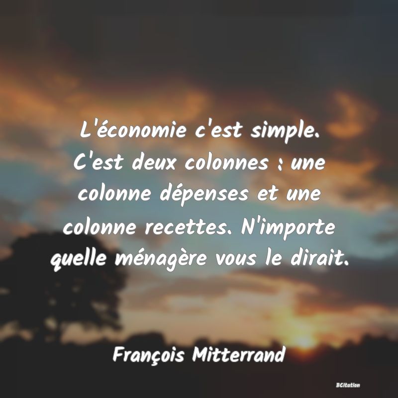 image de citation: L'économie c'est simple. C'est deux colonnes : une colonne dépenses et une colonne recettes. N'importe quelle ménagère vous le dirait.