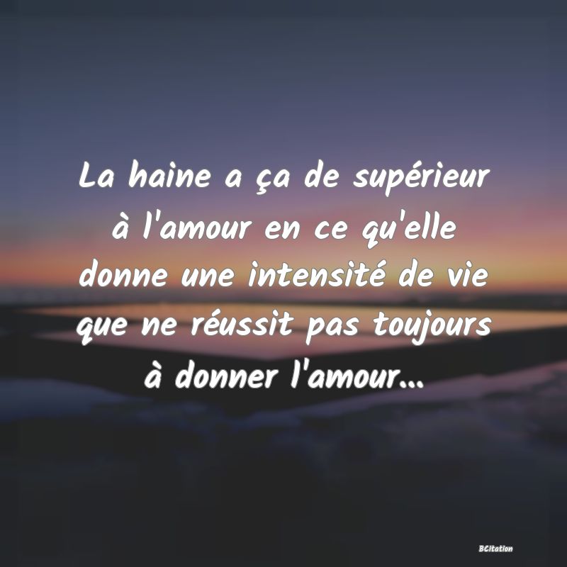 image de citation: La haine a ça de supérieur à l'amour en ce qu'elle donne une intensité de vie que ne réussit pas toujours à donner l'amour...