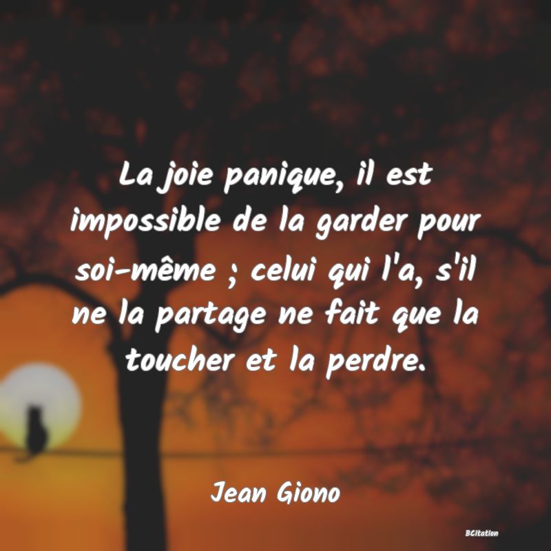 image de citation: La joie panique, il est impossible de la garder pour soi-même ; celui qui l'a, s'il ne la partage ne fait que la toucher et la perdre.