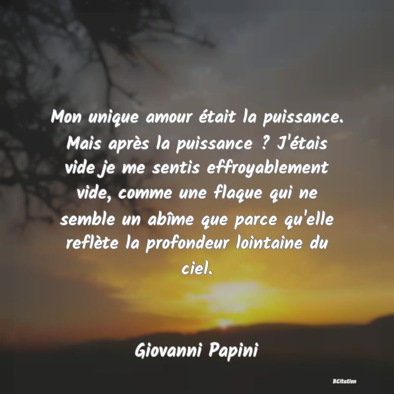 image de citation: Mon unique amour était la puissance. Mais après la puissance ? J'étais vide je me sentis effroyablement vide, comme une flaque qui ne semble un abîme que parce qu'elle reflète la profondeur lointaine du ciel.