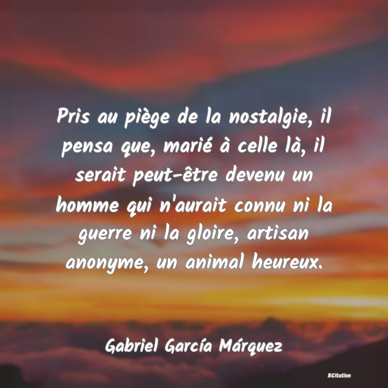 image de citation: Pris au piège de la nostalgie, il pensa que, marié à celle là, il serait peut-être devenu un homme qui n'aurait connu ni la guerre ni la gloire, artisan anonyme, un animal heureux.