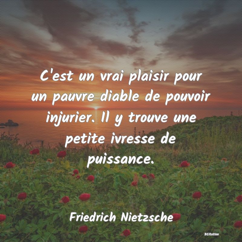 image de citation: C'est un vrai plaisir pour un pauvre diable de pouvoir injurier. Il y trouve une petite ivresse de puissance.