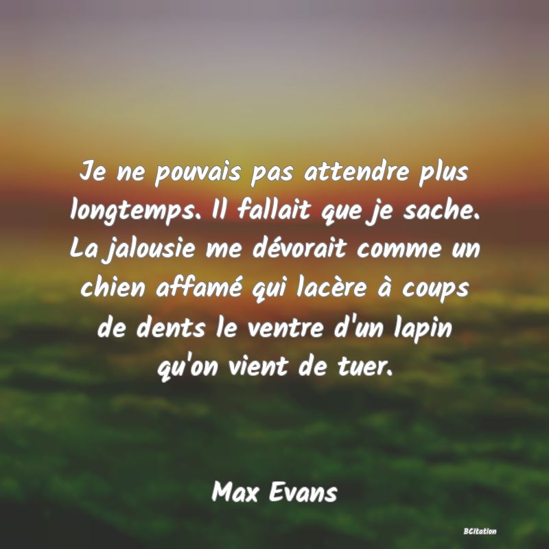 image de citation: Je ne pouvais pas attendre plus longtemps. Il fallait que je sache. La jalousie me dévorait comme un chien affamé qui lacère à coups de dents le ventre d'un lapin qu'on vient de tuer.