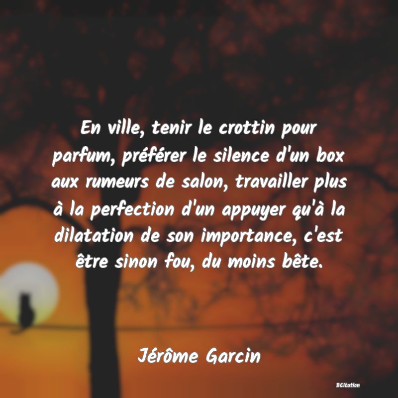 image de citation: En ville, tenir le crottin pour parfum, préférer le silence d'un box aux rumeurs de salon, travailler plus à la perfection d'un appuyer qu'à la dilatation de son importance, c'est être sinon fou, du moins bête.