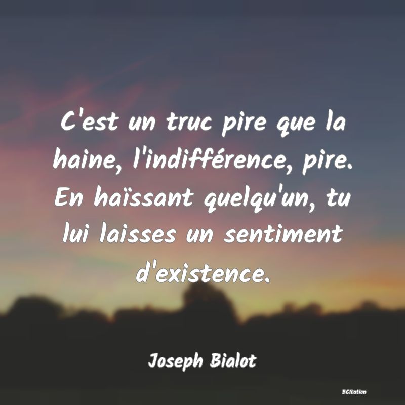 image de citation: C'est un truc pire que la haine, l'indifférence, pire. En haïssant quelqu'un, tu lui laisses un sentiment d'existence.