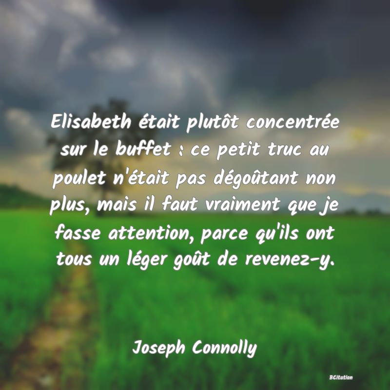 image de citation: Elisabeth était plutôt concentrée sur le buffet : ce petit truc au poulet n'était pas dégoûtant non plus, mais il faut vraiment que je fasse attention, parce qu'ils ont tous un léger goût de revenez-y.