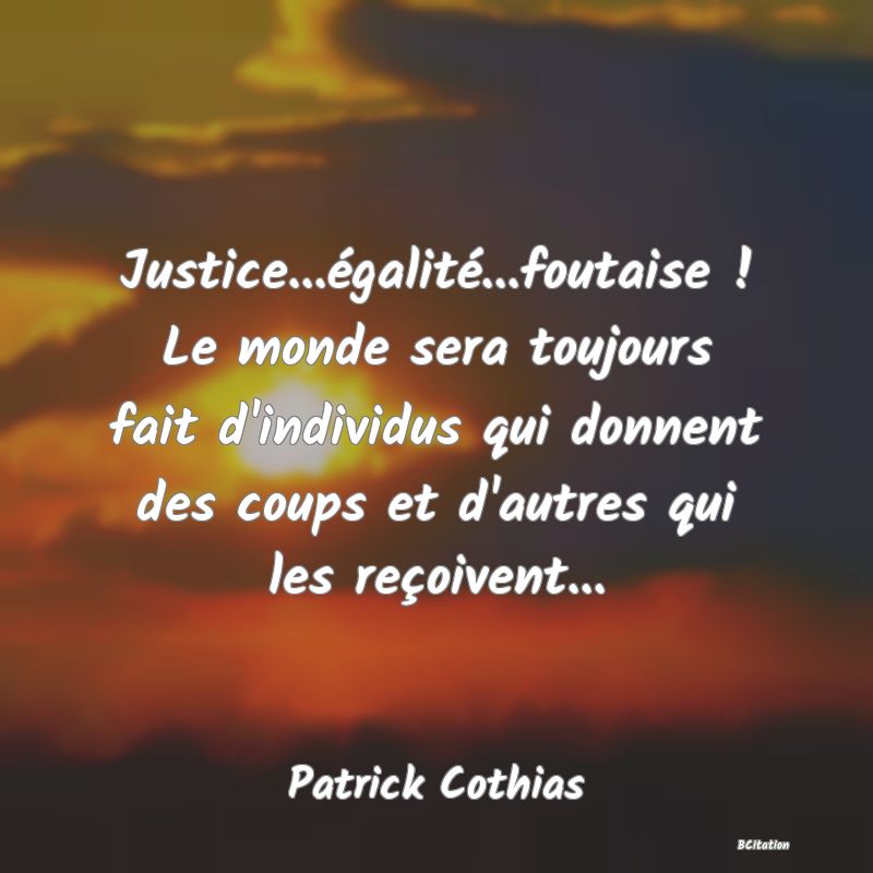 Belle Citation - Justice...égalité...foutaise ! Le monde sera toujours fait d'individus qui donnent des coups et d'autres qui les reçoivent... - Patrick Cothias