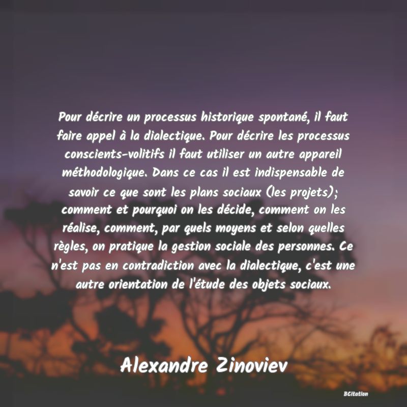 image de citation: Pour décrire un processus historique spontané, il faut faire appel à la dialectique. Pour décrire les processus conscients-volitifs il faut utiliser un autre appareil méthodologique. Dans ce cas il est indispensable de savoir ce que sont les plans sociaux (les projets); comment et pourquoi on les décide, comment on les réalise, comment, par quels moyens et selon quelles règles, on pratique la gestion sociale des personnes. Ce n'est pas en contradiction avec la dialectique, c'est une autre orientation de l'étude des objets sociaux.