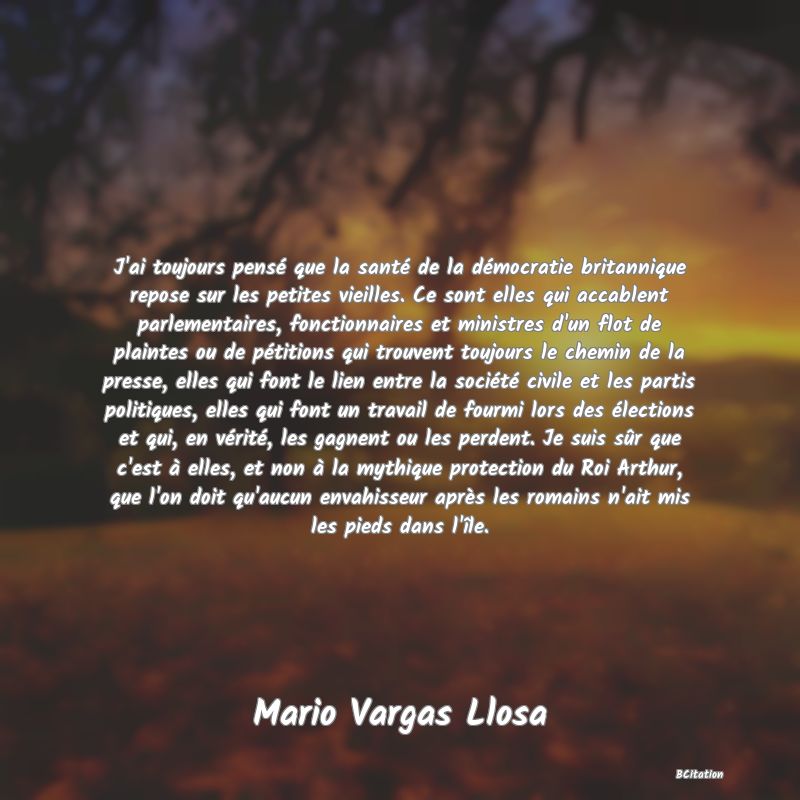 Belle Citation - J'ai toujours pensé que la santé de la démocratie britannique repose sur les petites vieilles. Ce sont elles qui accablent parlementaires, fonctionnaires et ministres d'un flot de plaintes ou de pétitions qui trouvent toujours le chemin de la presse, elles qui font le lien entre la société civile et les partis politiques, elles qui font un travail de fourmi lors des élections et qui, en vérité, les gagnent ou les perdent. Je suis sûr que c'est à elles, et non à la mythique protection du Roi Arthur, que l'on doit qu'aucun envahisseur après les romains n'ait mis les pieds dans l'île. - Mario Vargas Llosa
