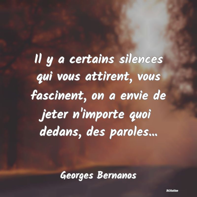 image de citation: Il y a certains silences qui vous attirent, vous fascinent, on a envie de jeter n'importe quoi dedans, des paroles...