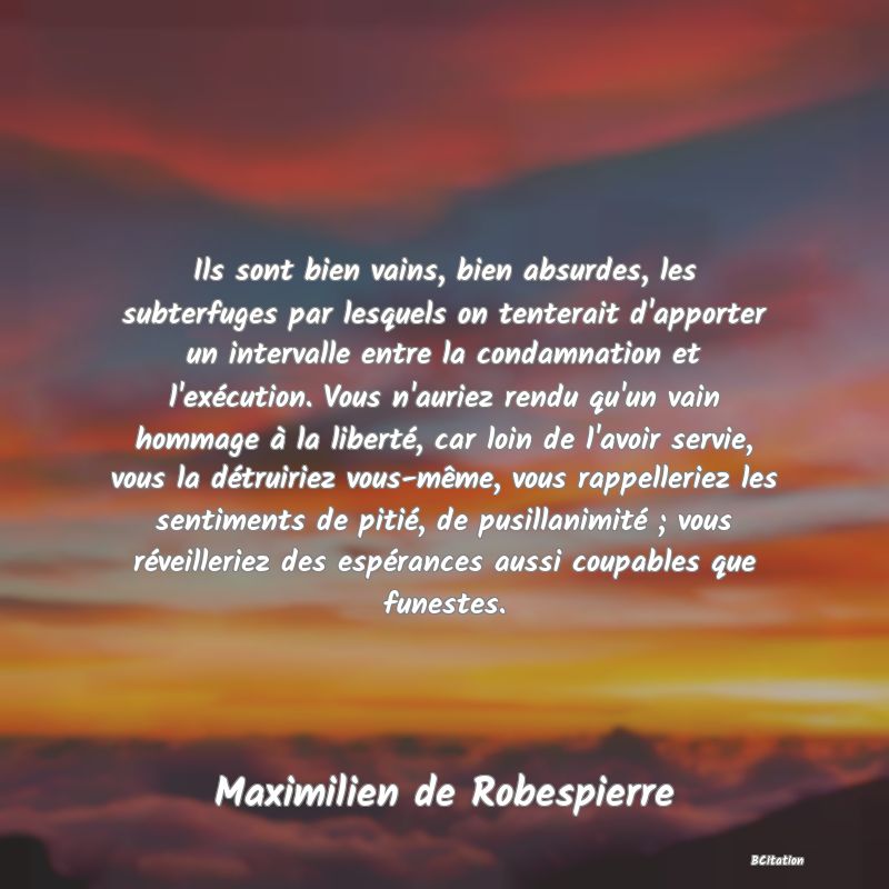 image de citation: Ils sont bien vains, bien absurdes, les subterfuges par lesquels on tenterait d'apporter un intervalle entre la condamnation et l'exécution. Vous n'auriez rendu qu'un vain hommage à la liberté, car loin de l'avoir servie, vous la détruiriez vous-même, vous rappelleriez les sentiments de pitié, de pusillanimité ; vous réveilleriez des espérances aussi coupables que funestes.