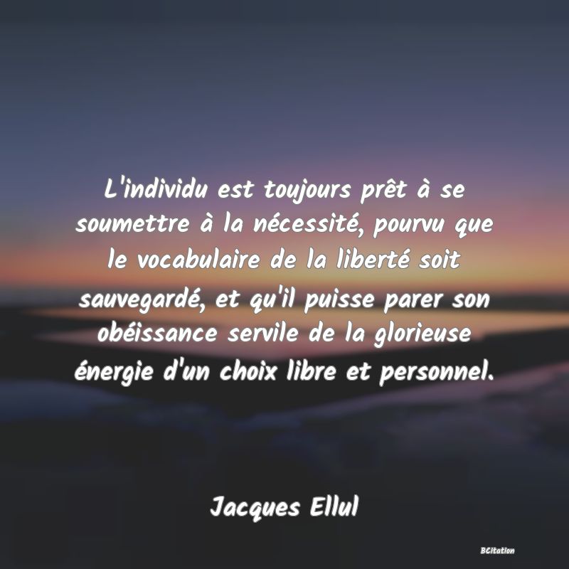 image de citation: L'individu est toujours prêt à se soumettre à la nécessité, pourvu que le vocabulaire de la liberté soit sauvegardé, et qu'il puisse parer son obéissance servile de la glorieuse énergie d'un choix libre et personnel.