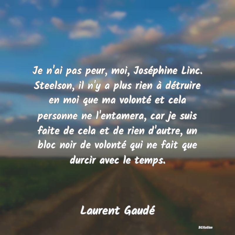 image de citation: Je n'ai pas peur, moi, Joséphine Linc. Steelson, il n'y a plus rien à détruire en moi que ma volonté et cela personne ne l'entamera, car je suis faite de cela et de rien d'autre, un bloc noir de volonté qui ne fait que durcir avec le temps.