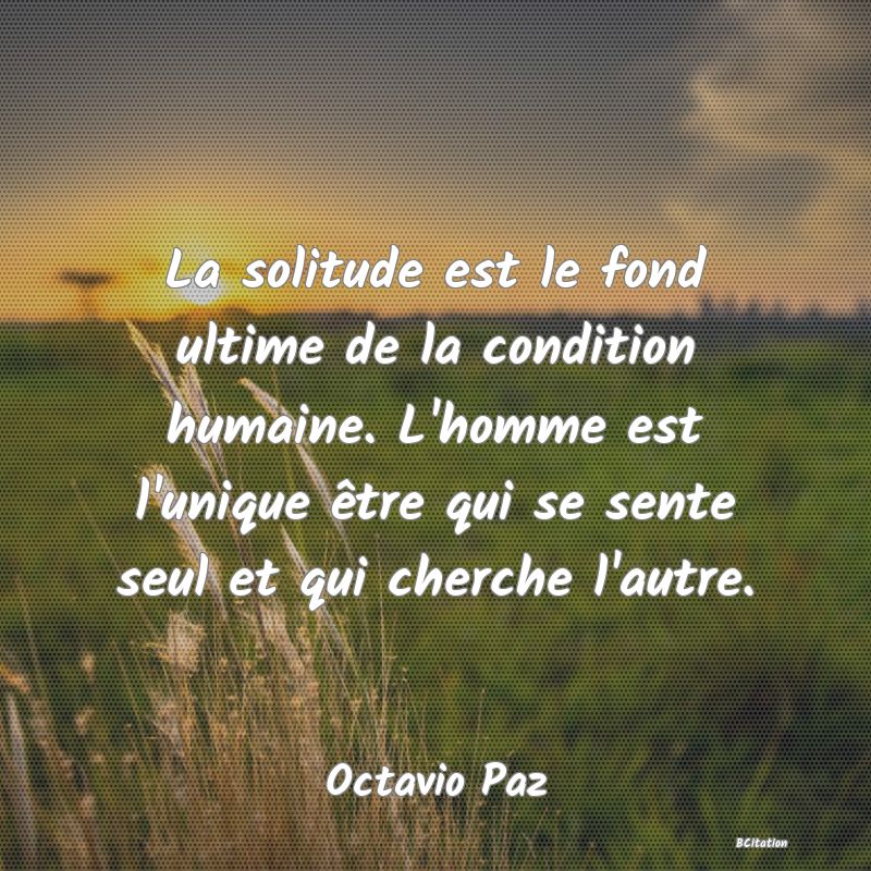 image de citation: La solitude est le fond ultime de la condition humaine. L'homme est l'unique être qui se sente seul et qui cherche l'autre.