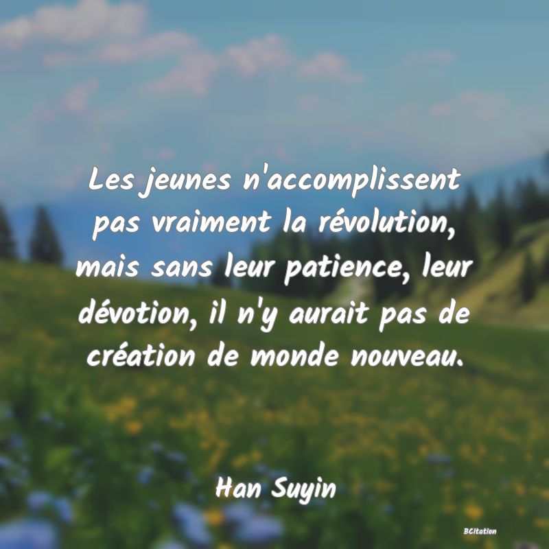 image de citation: Les jeunes n'accomplissent pas vraiment la révolution, mais sans leur patience, leur dévotion, il n'y aurait pas de création de monde nouveau.