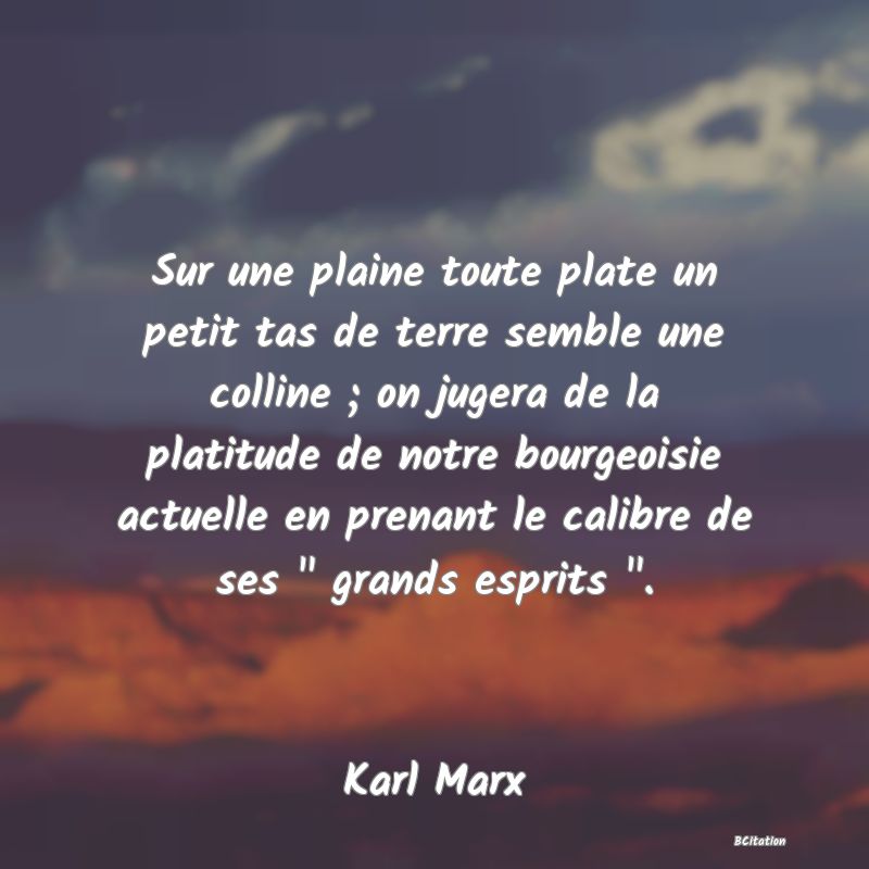 image de citation: Sur une plaine toute plate un petit tas de terre semble une colline ; on jugera de la platitude de notre bourgeoisie actuelle en prenant le calibre de ses   grands esprits  .