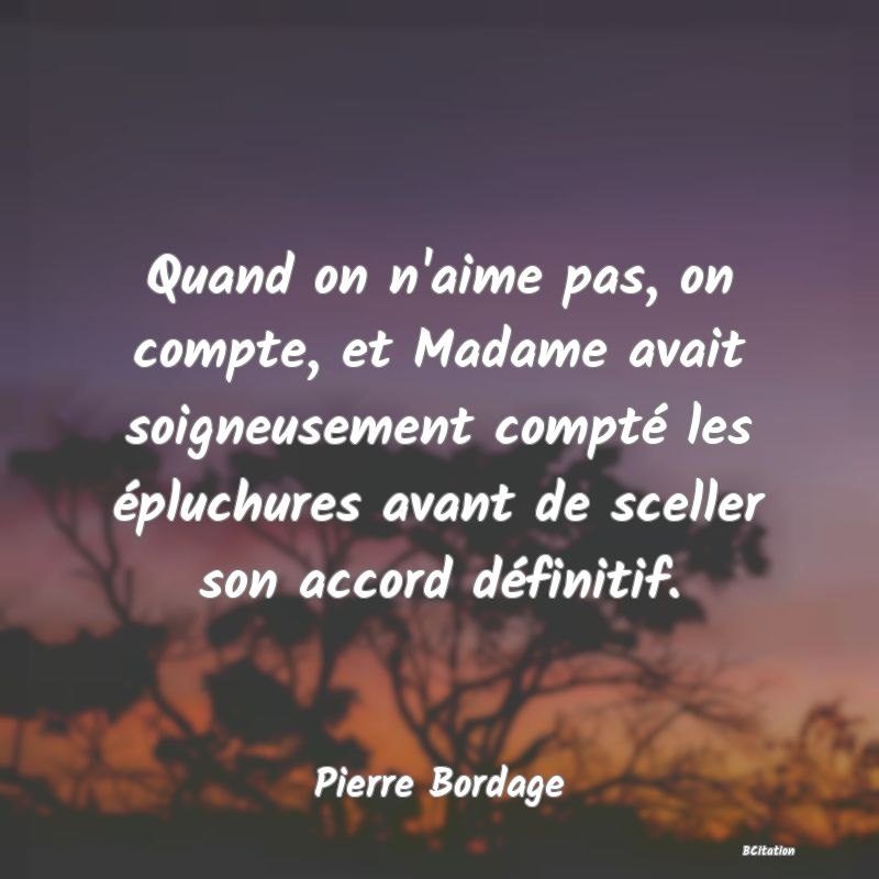 image de citation: Quand on n'aime pas, on compte, et Madame avait soigneusement compté les épluchures avant de sceller son accord définitif.