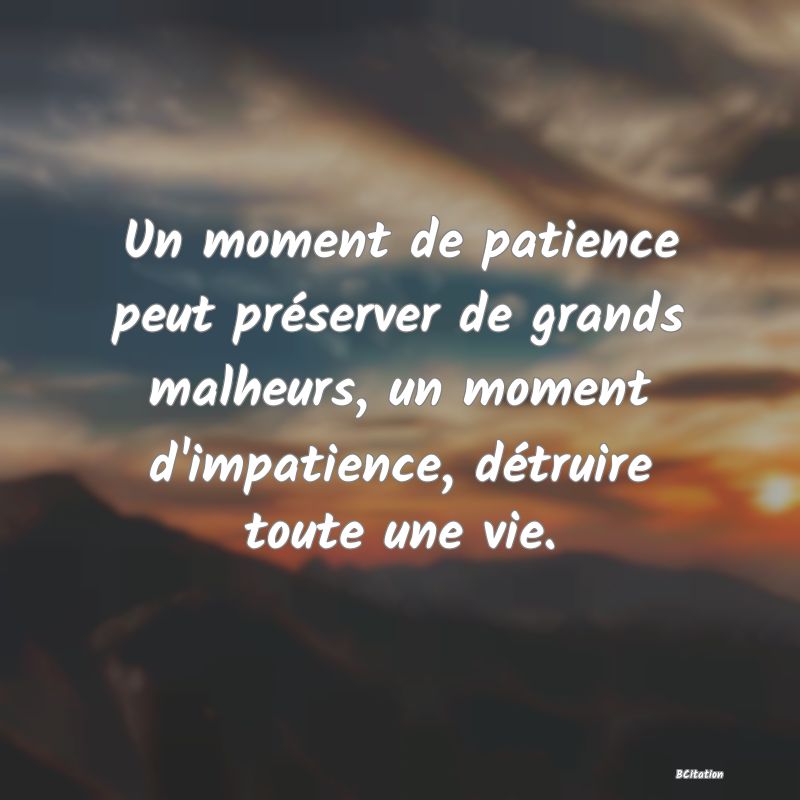 image de citation: Un moment de patience peut préserver de grands malheurs, un moment d'impatience, détruire toute une vie.